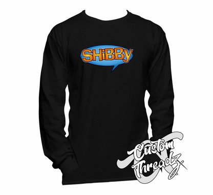 black long sleeve tee with shibby dude wheres my car DTG printed design