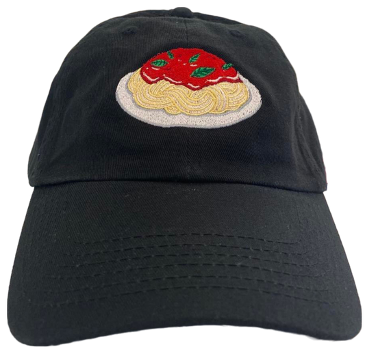 black dad cap with spaghetti embroidery