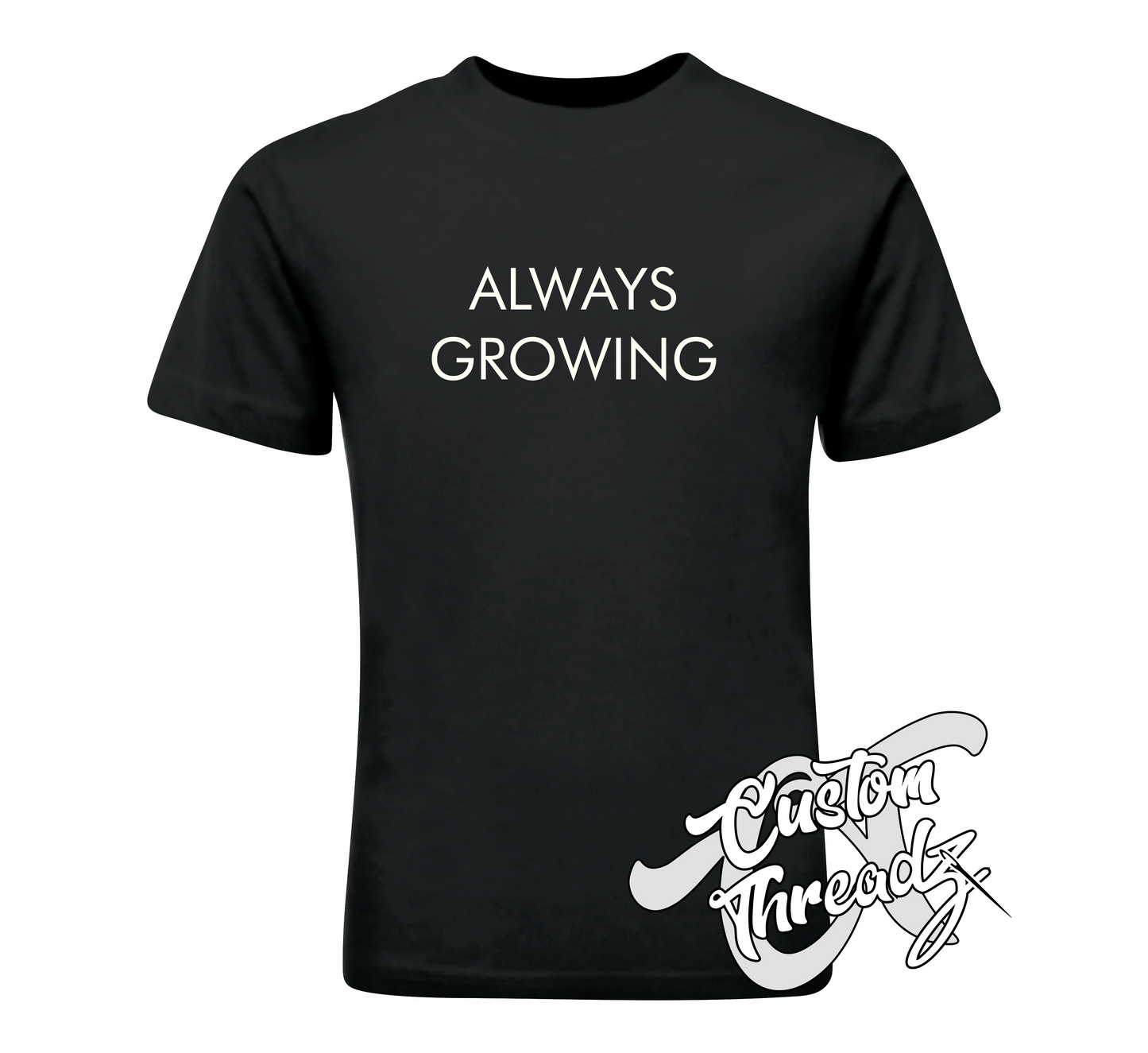 black tee with always growing the infamous collection DTG printed design