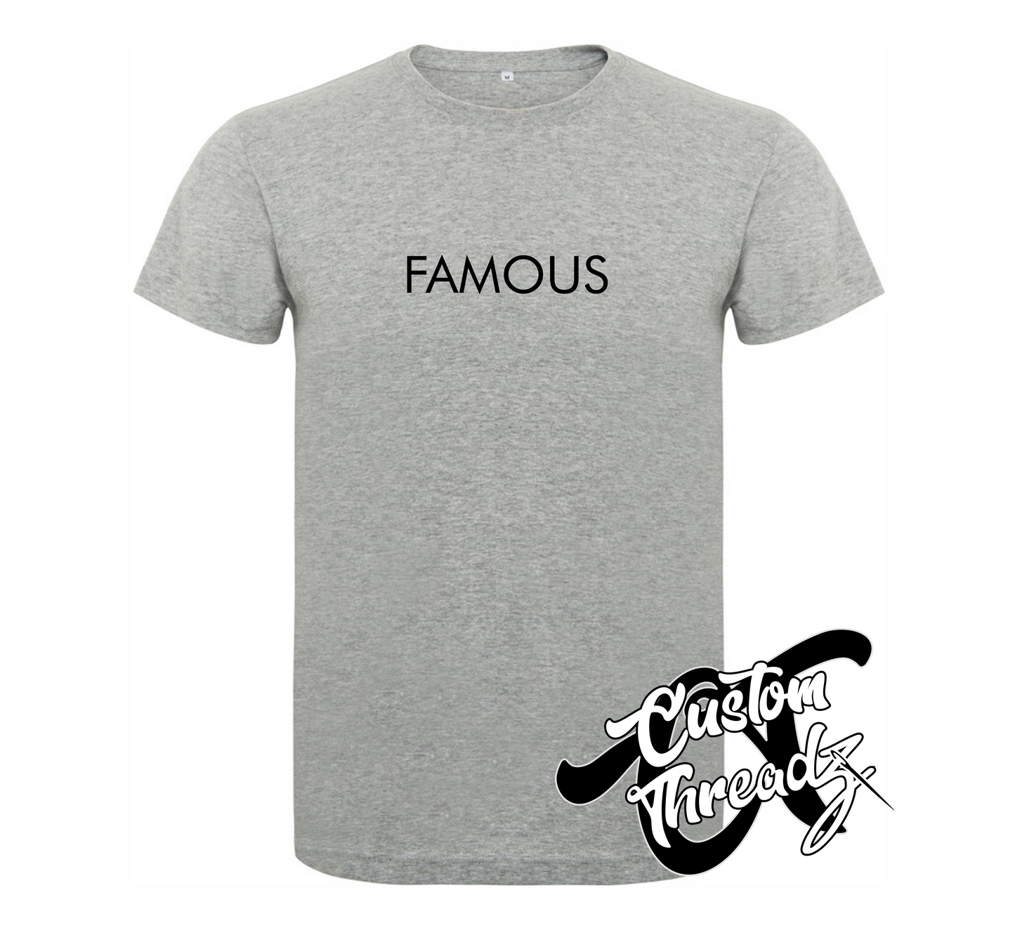 athletic heather grey tee with famous the infamous collection DTG printed design