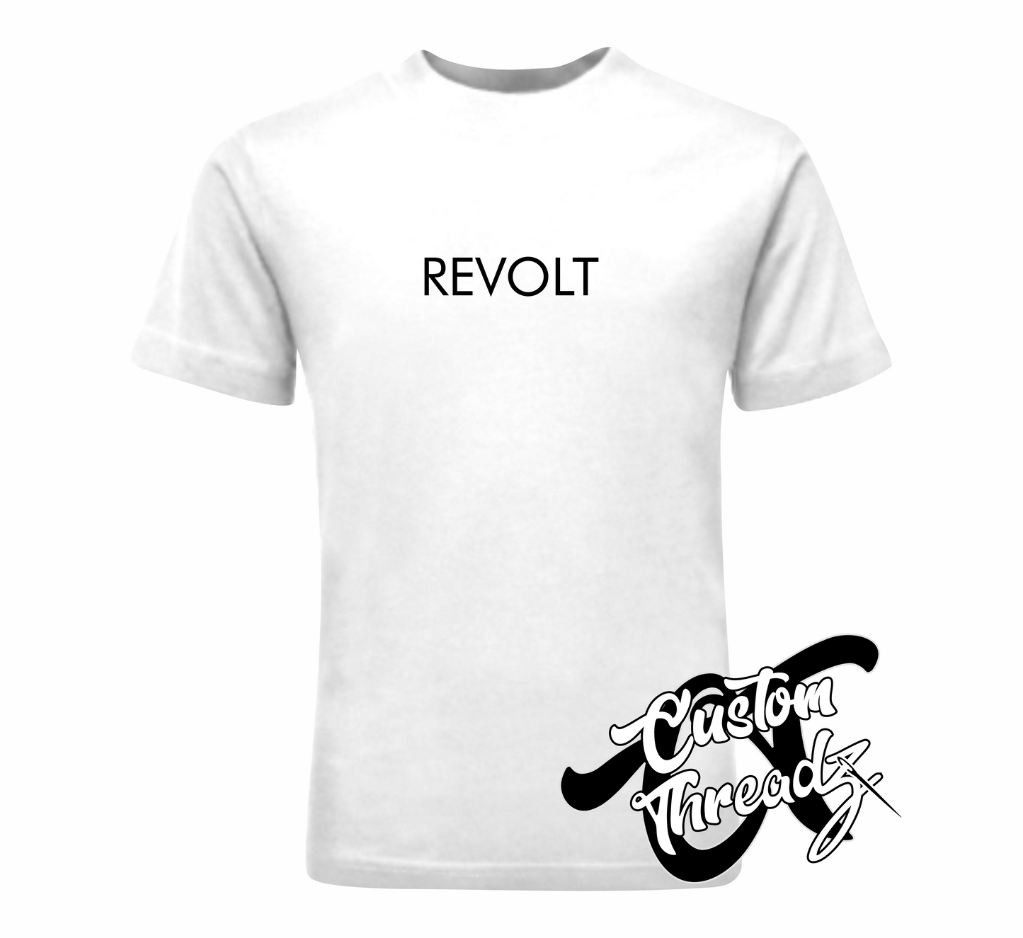 white tee with revolt the infamous collection DTG printed design