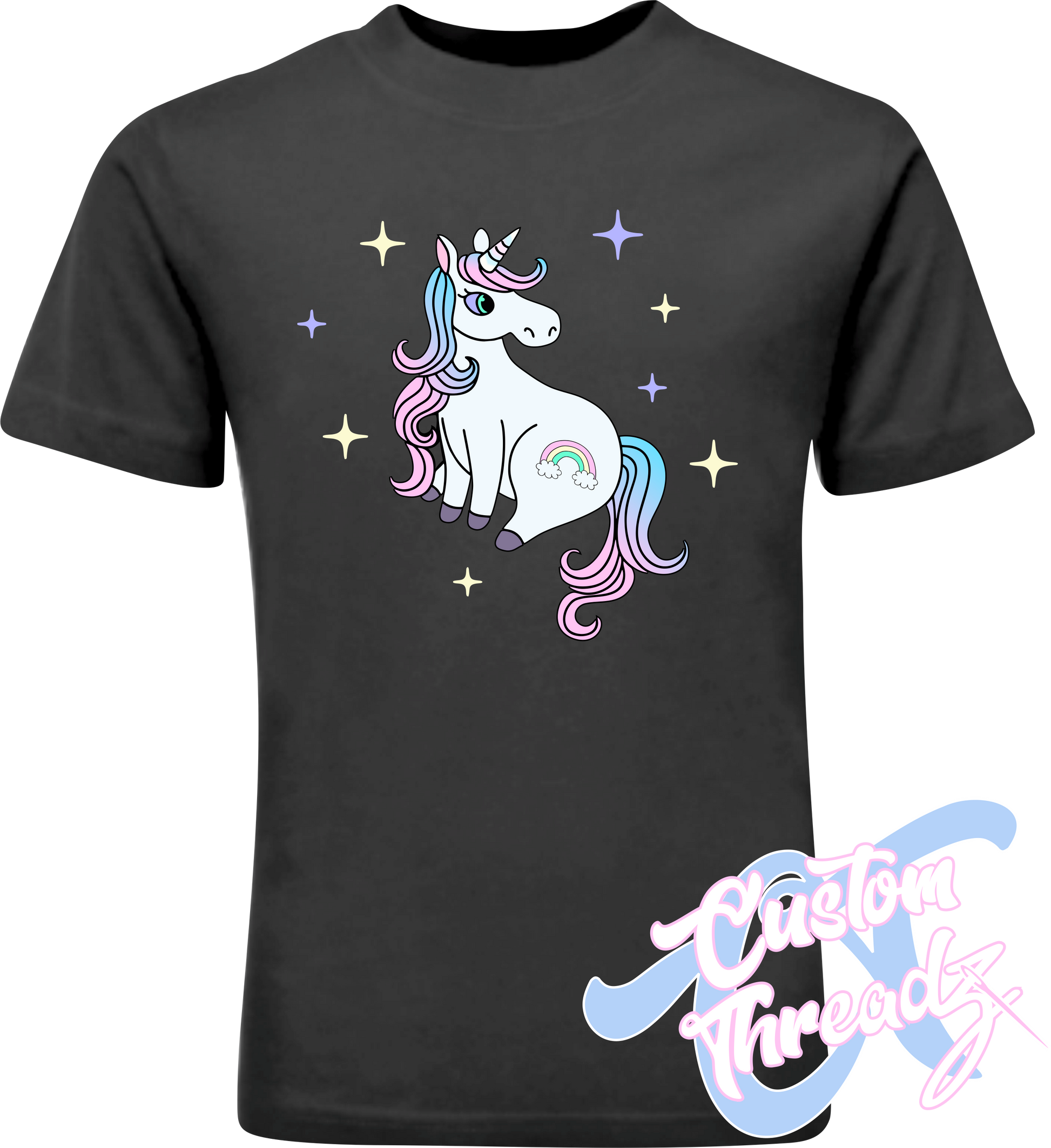 black tee with cute rainbow unicorn DTG printed design