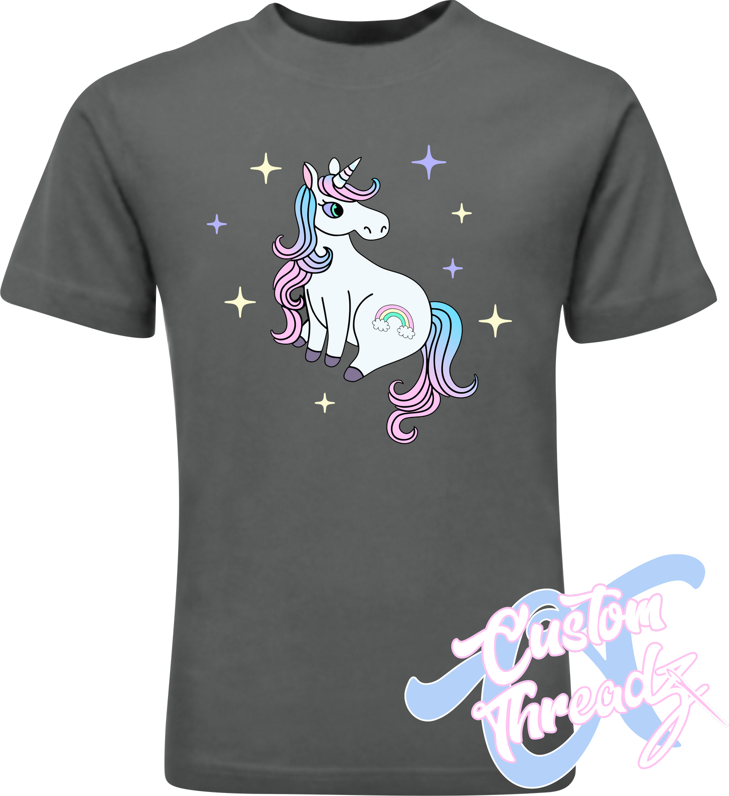 charcoal tee with cute rainbow unicorn DTG printed design