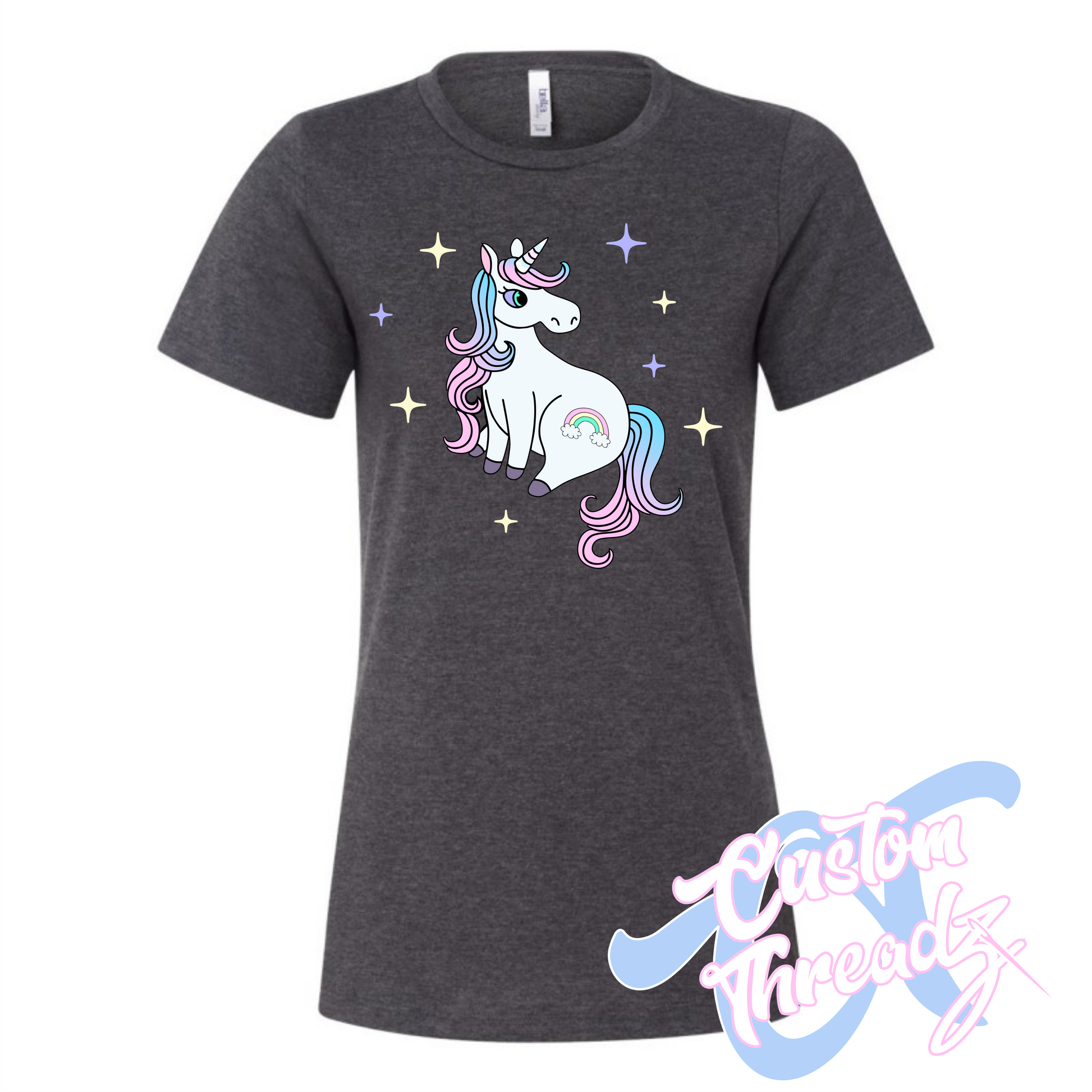 charcoal grey womens tee with unicorn rainbow DTG printed design