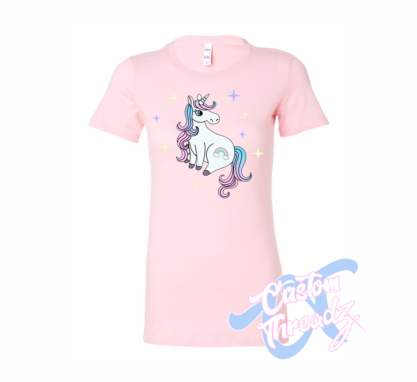 light pink womens tee with unicorn rainbow DTG printed design