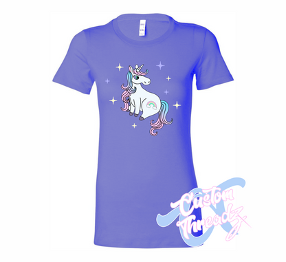 lilac womens tee with unicorn rainbow DTG printed design