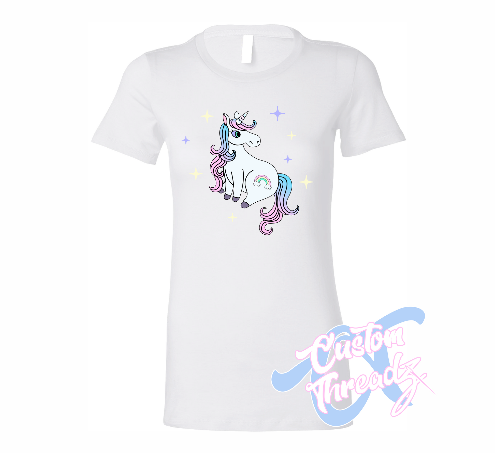 white womens tee with unicorn rainbow DTG printed design