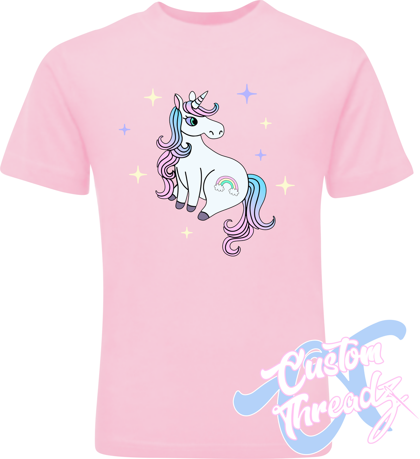 light pink tee with cute rainbow unicorn DTG printed design
