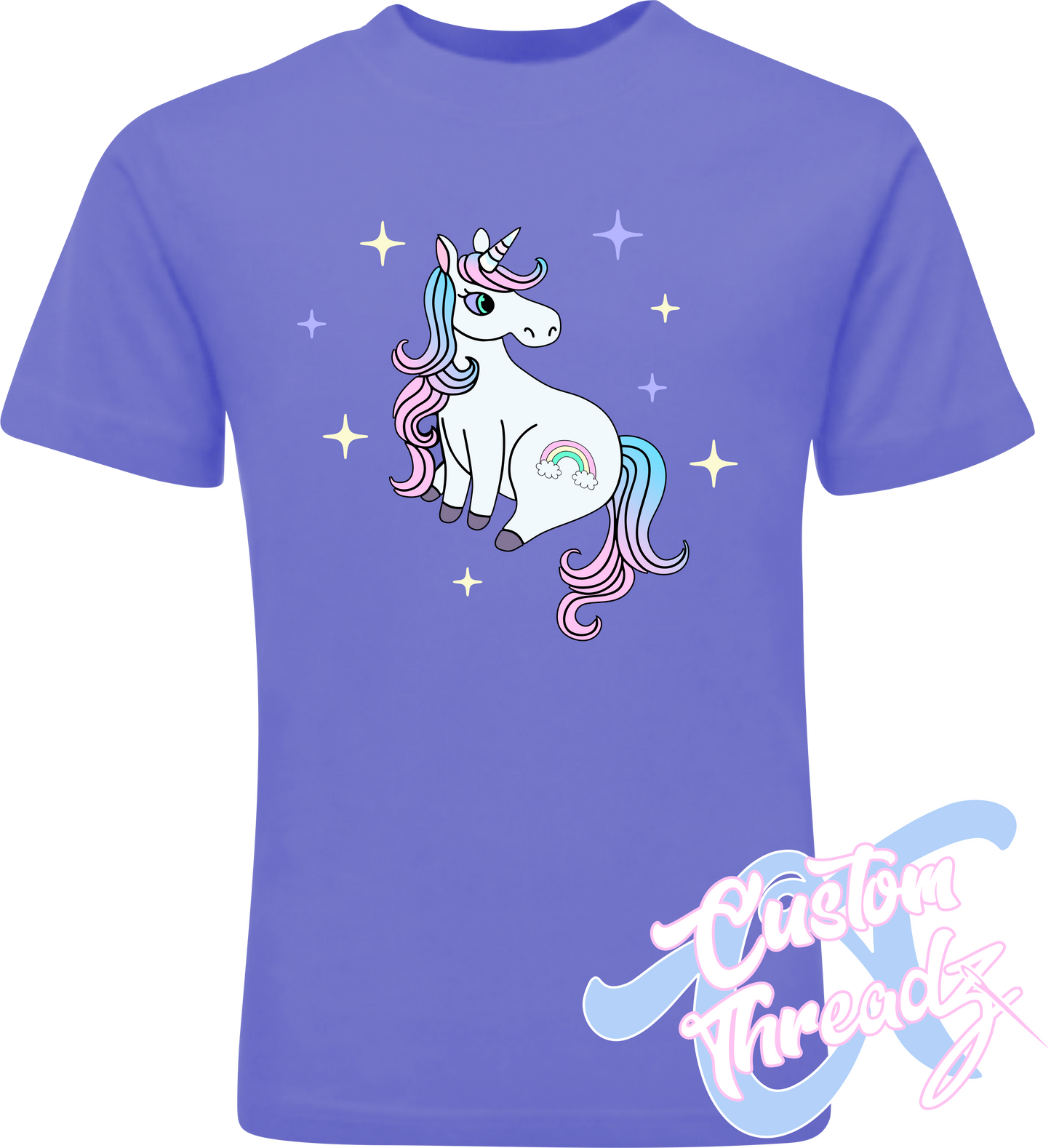 violet tee with cute rainbow unicorn DTG printed design
