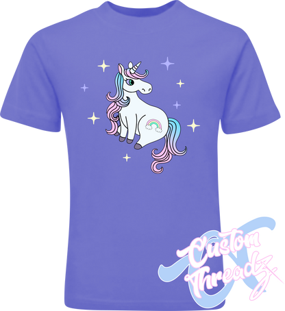 violet tee with cute rainbow unicorn DTG printed design