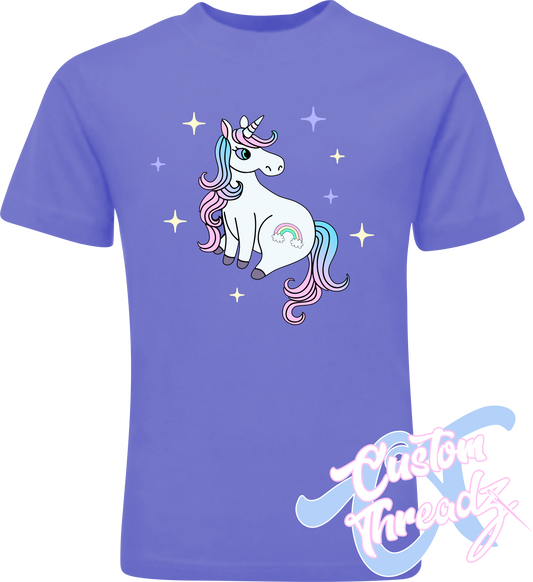 violet tee with cute rainbow unicorn DTG printed design