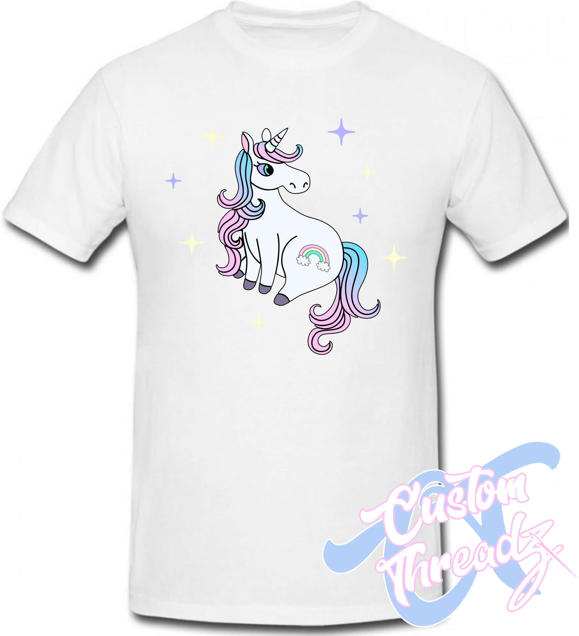 white tee with cute rainbow unicorn DTG printed design