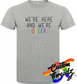 athletic heather grey tee with were here and were queer rainbow DTG printed design