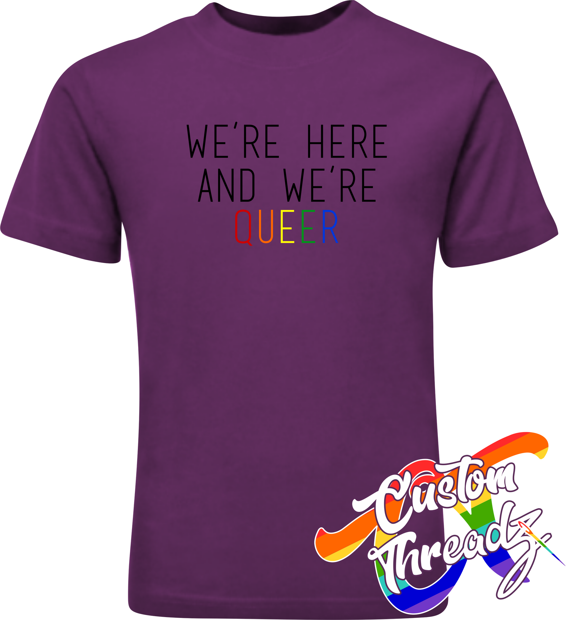 purple tee with were here and were queer rainbow DTG printed design