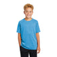 model wearing sport-tek youth tri-blend wicking raglan tee in pond blue heather