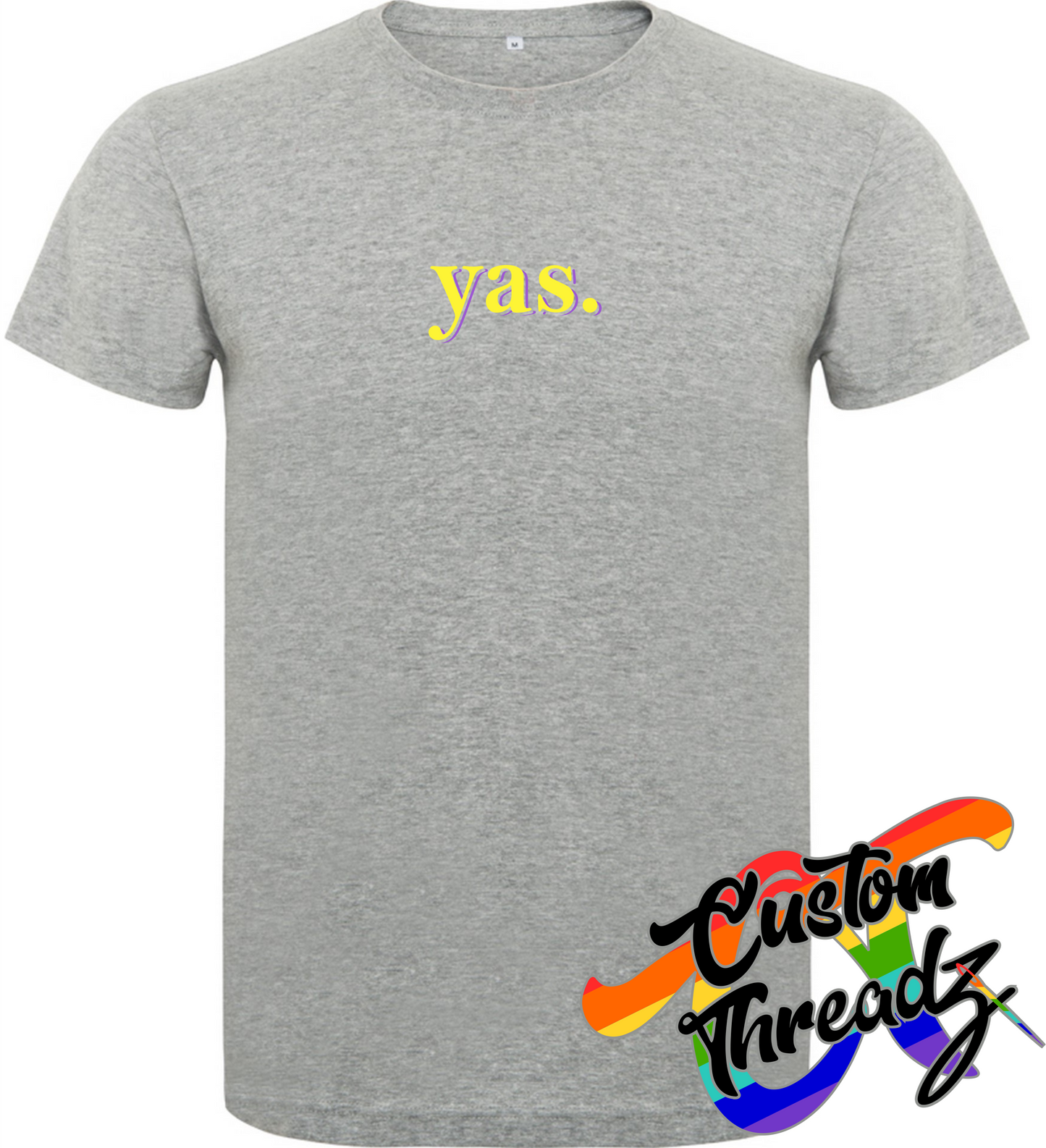 athletic heather grey tee with yas DTG printed design
