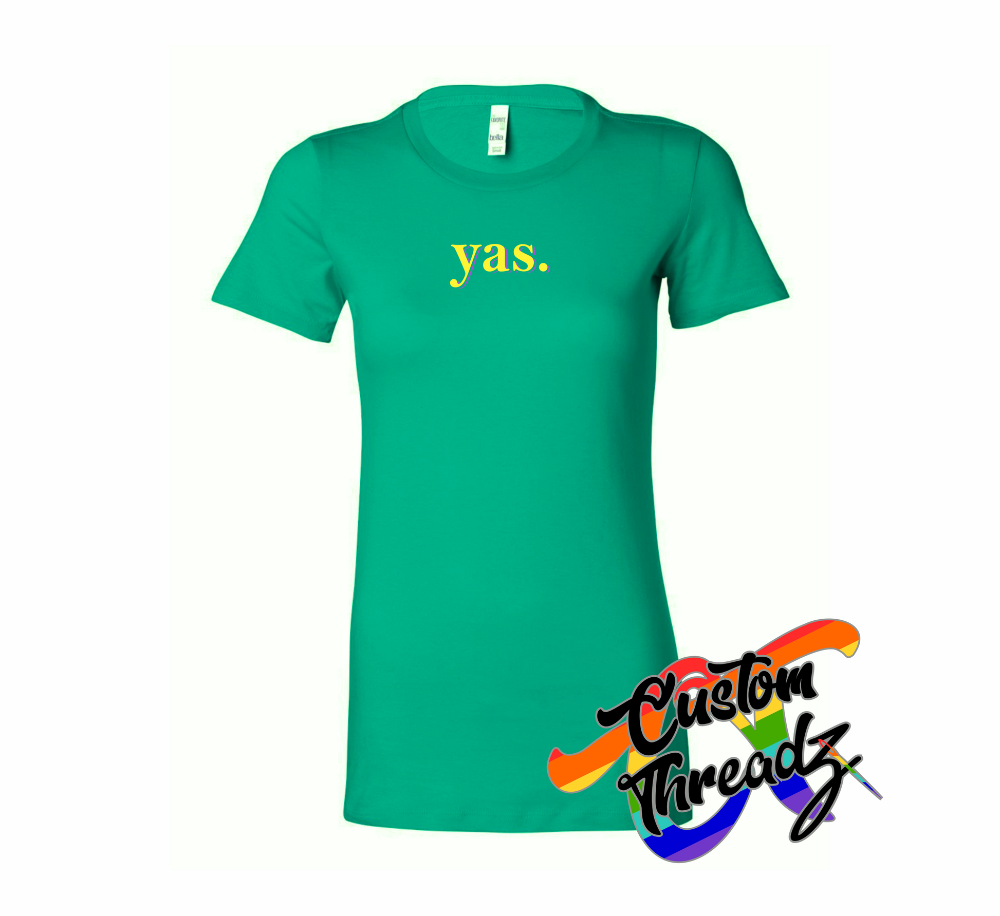 green womens tee with yas DTG printed design