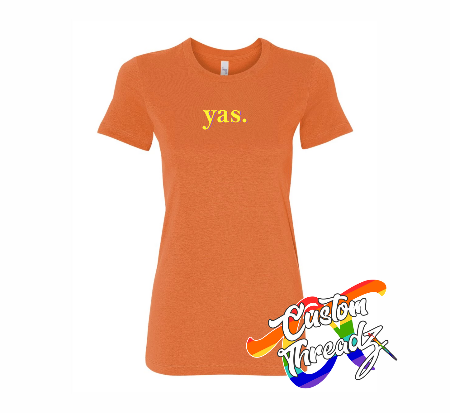 orange womens tee with yas DTG printed design