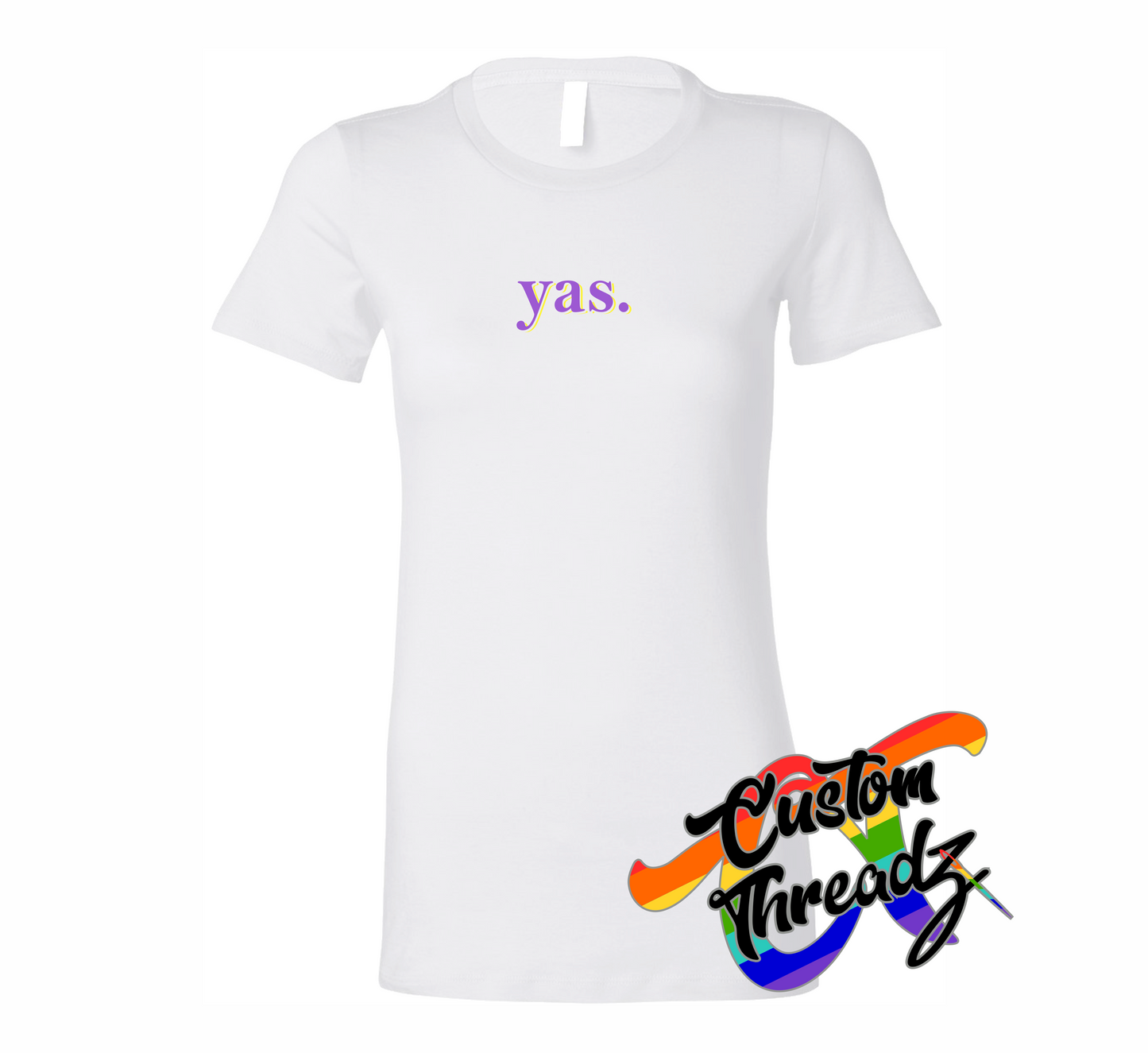 white womens tee with yas DTG printed design