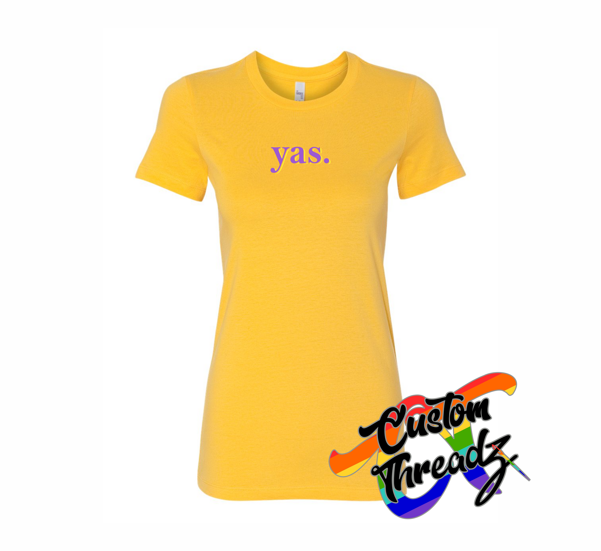 yellow womens tee with yas DTG printed design