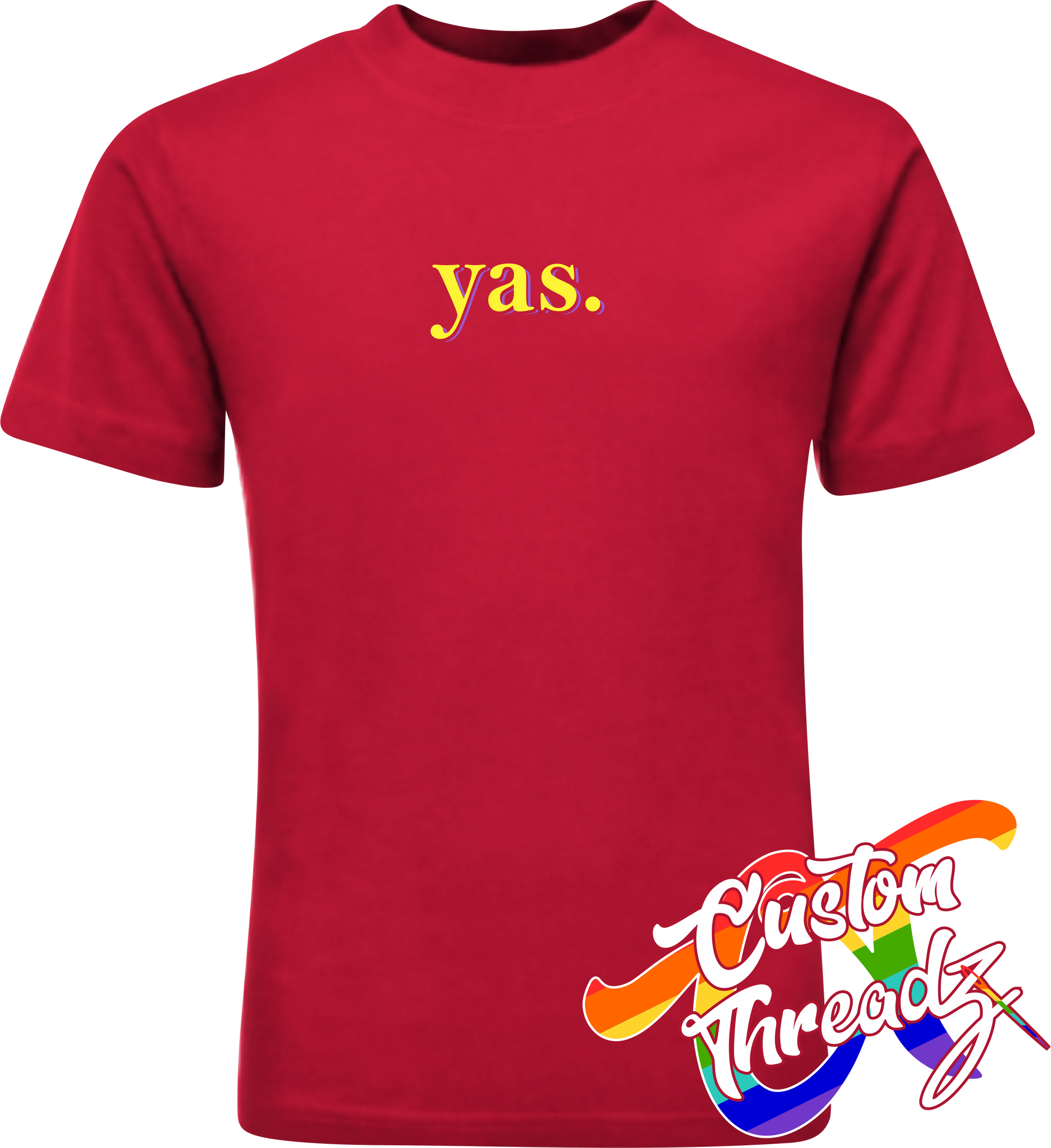 red tee with yas DTG printed design