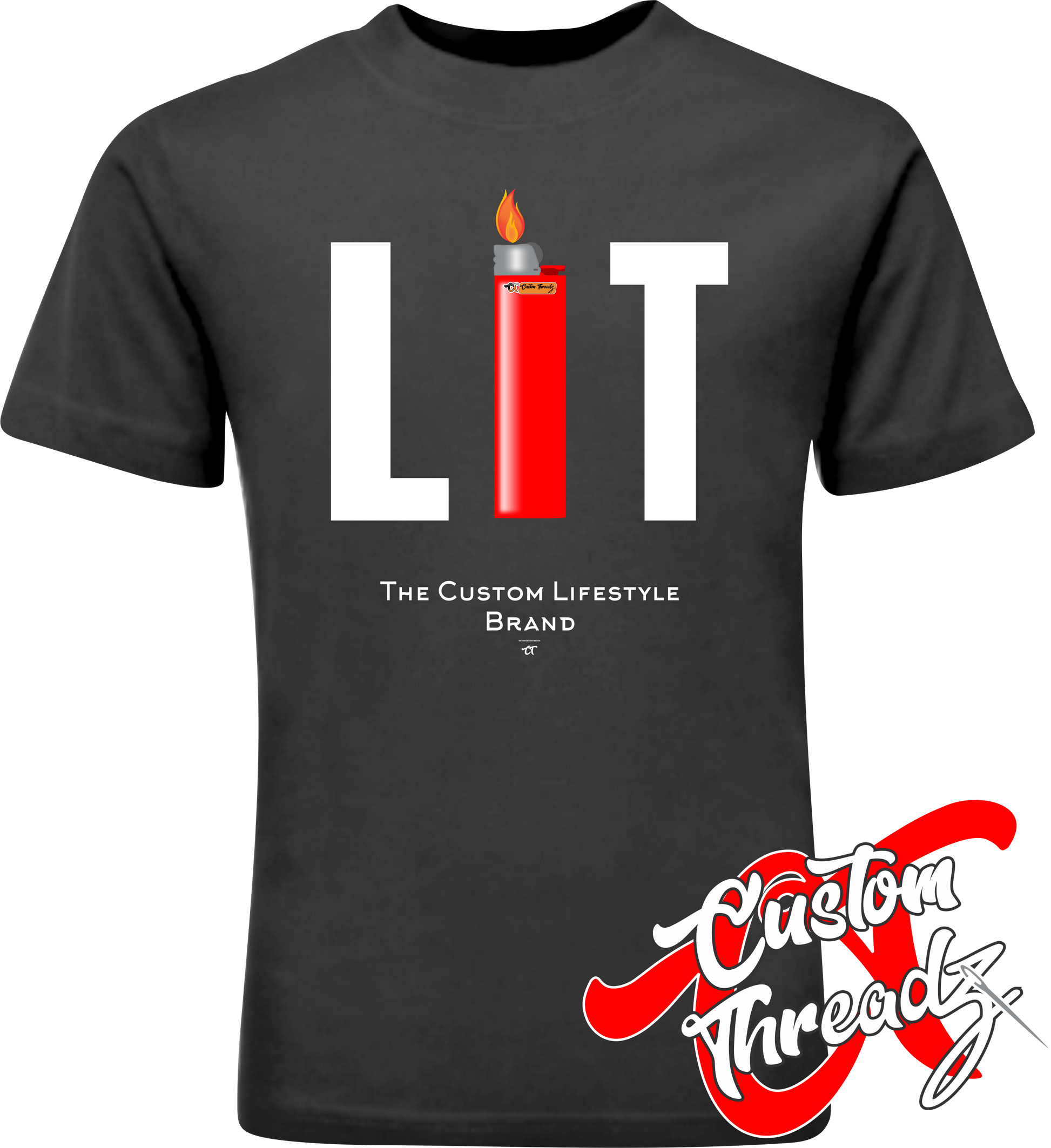 black tee with lit red lighter DTG printed design