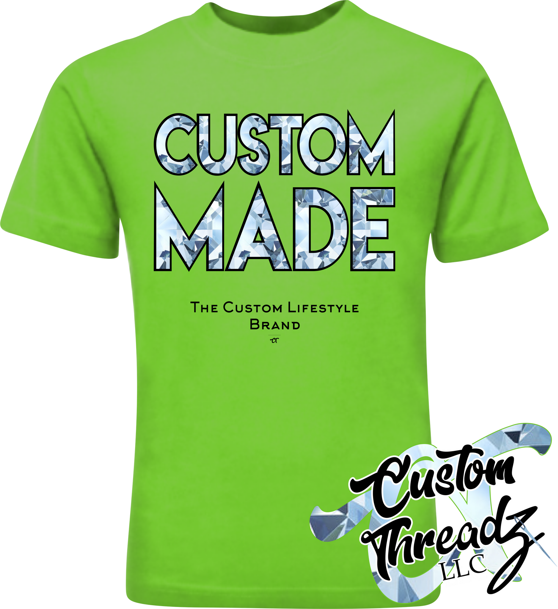 green tee with custom made diamond DTG printed design