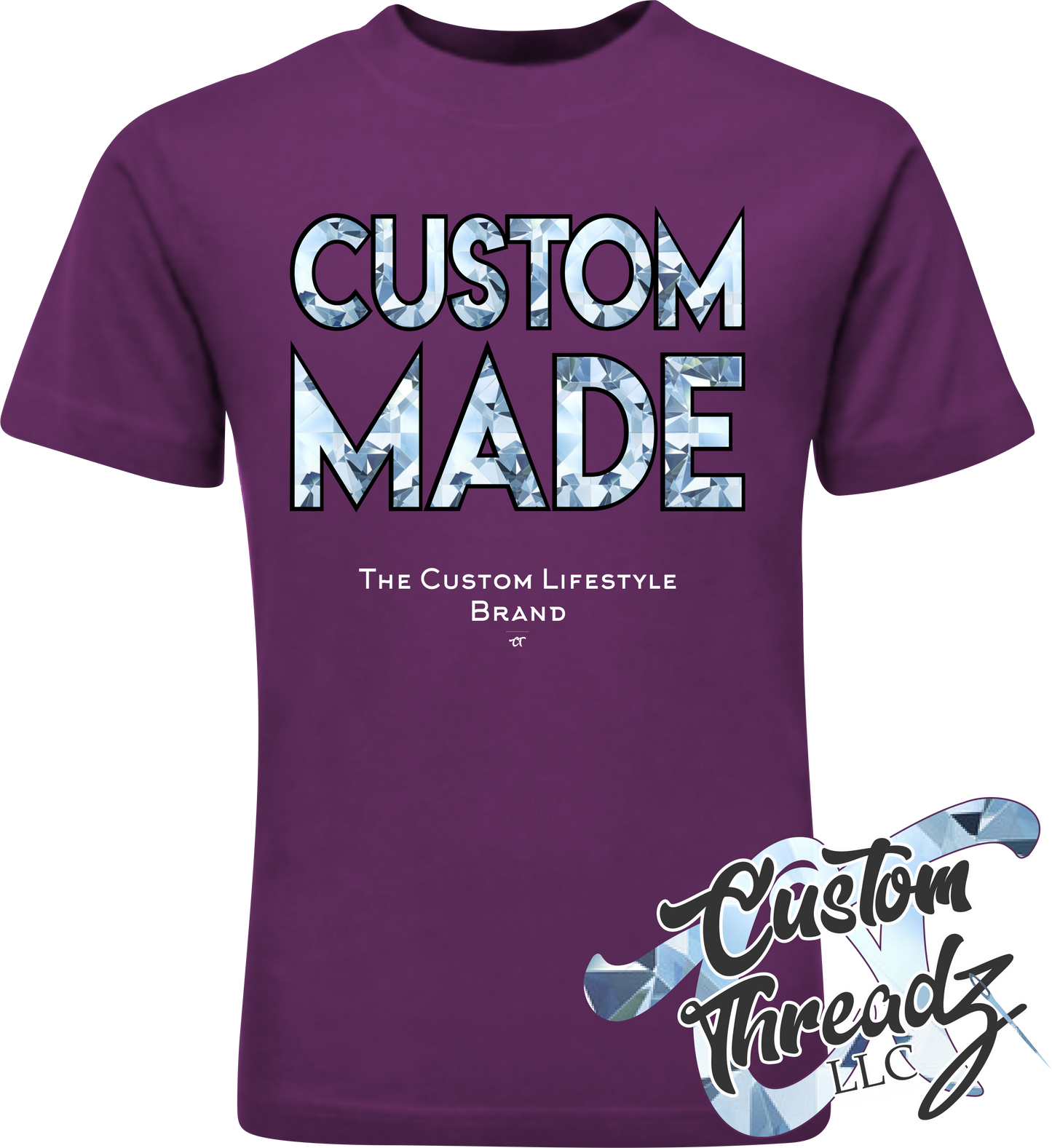 purple tee with custom made diamond DTG printed design