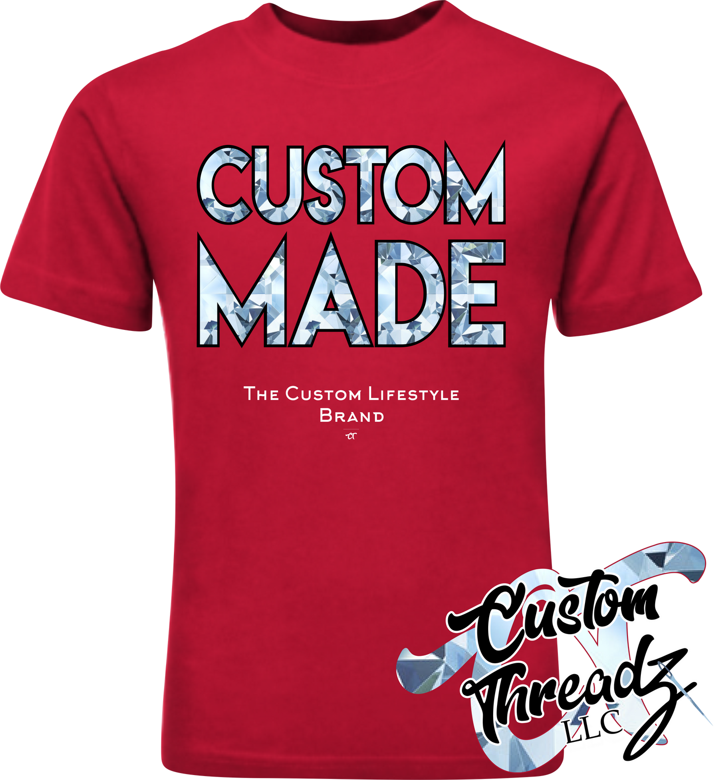 red tee with custom made diamond DTG printed design