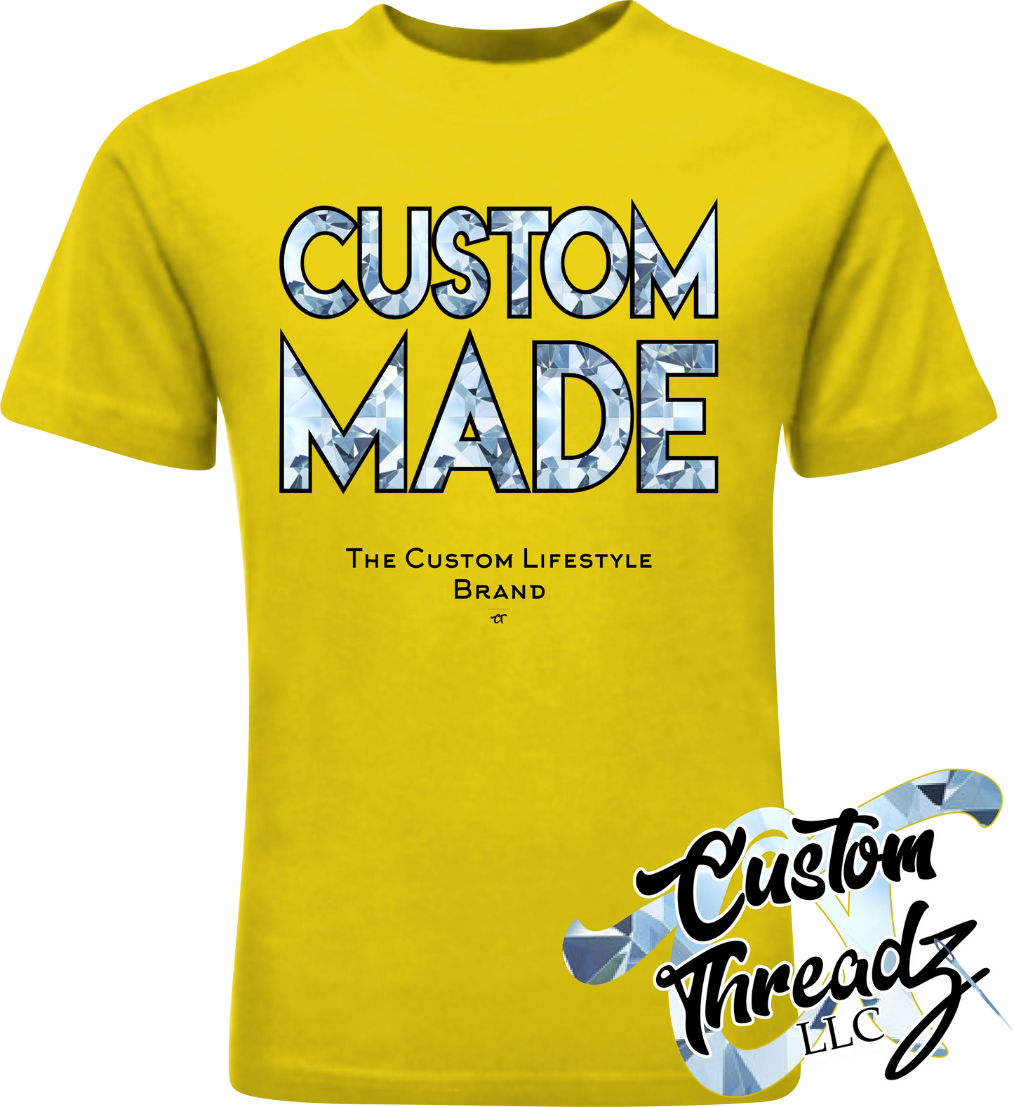 yellow tee with custom made diamond DTG printed design