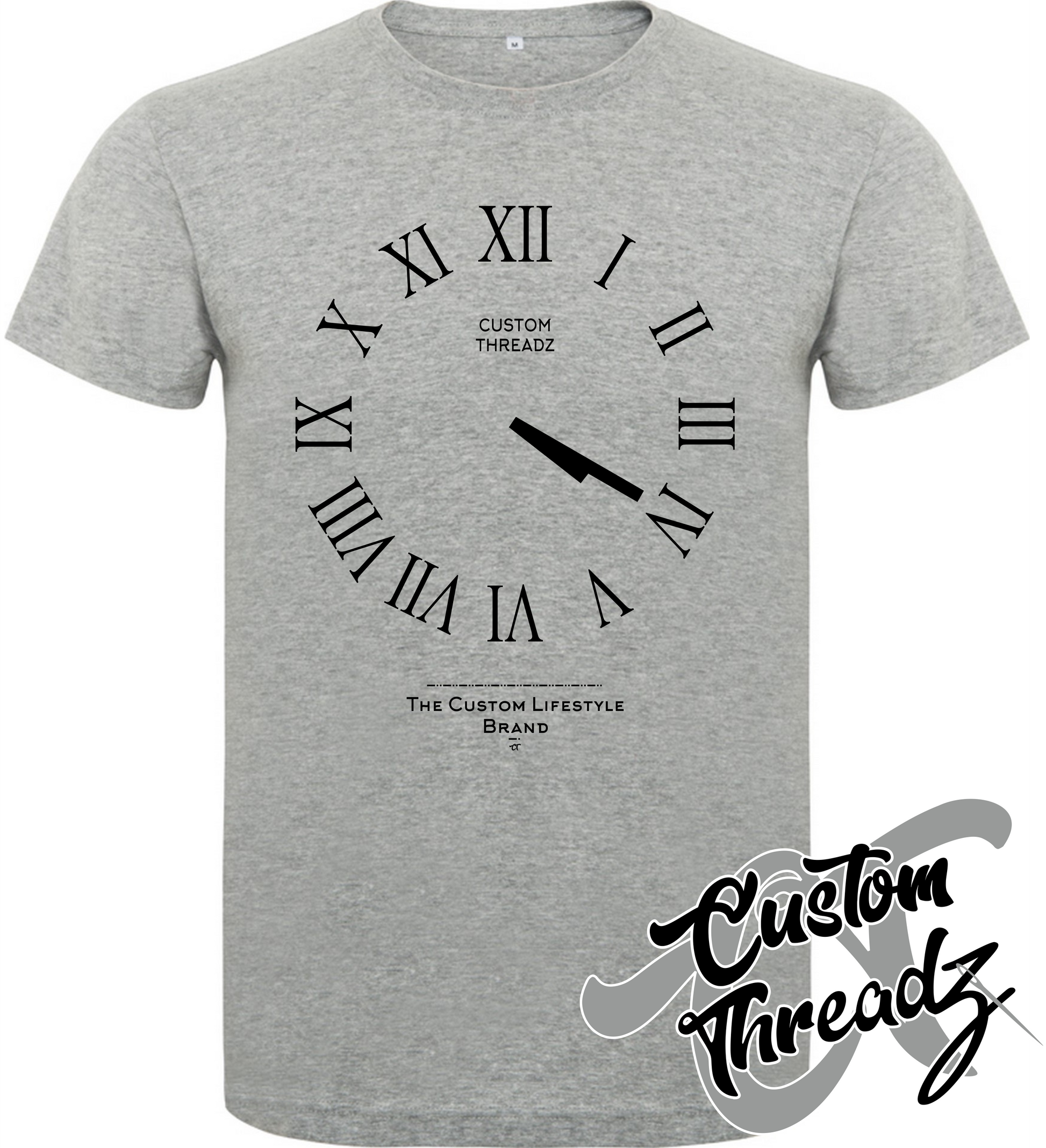 athletic heather grey tee with roman analog clock set to 4 20 DTG printed design