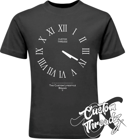 black tee with roman analog clock set to 4 20 DTG printed design
