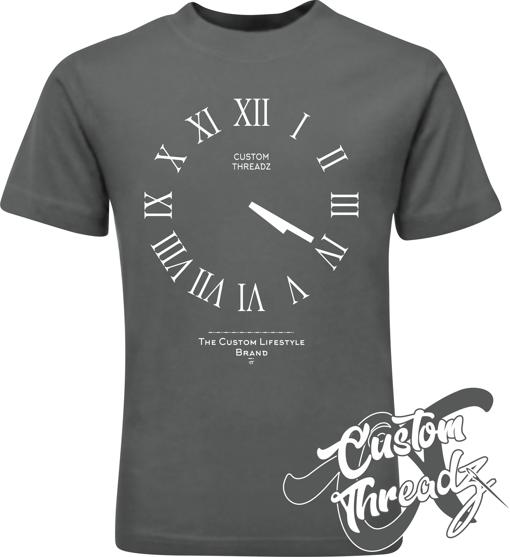 charcoal tee with roman analog clock set to 4 20 DTG printed design