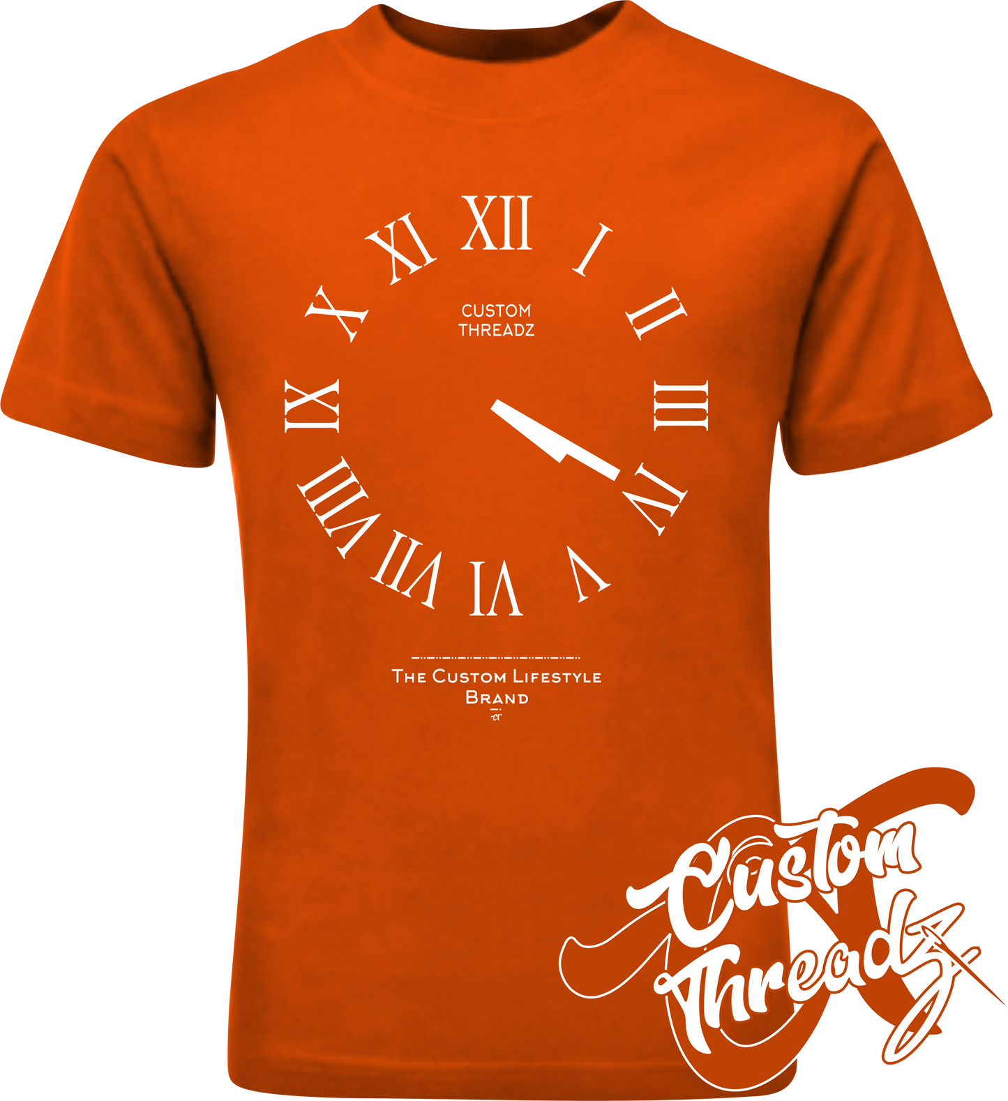 orange tee with roman analog clock set to 4 20 DTG printed design