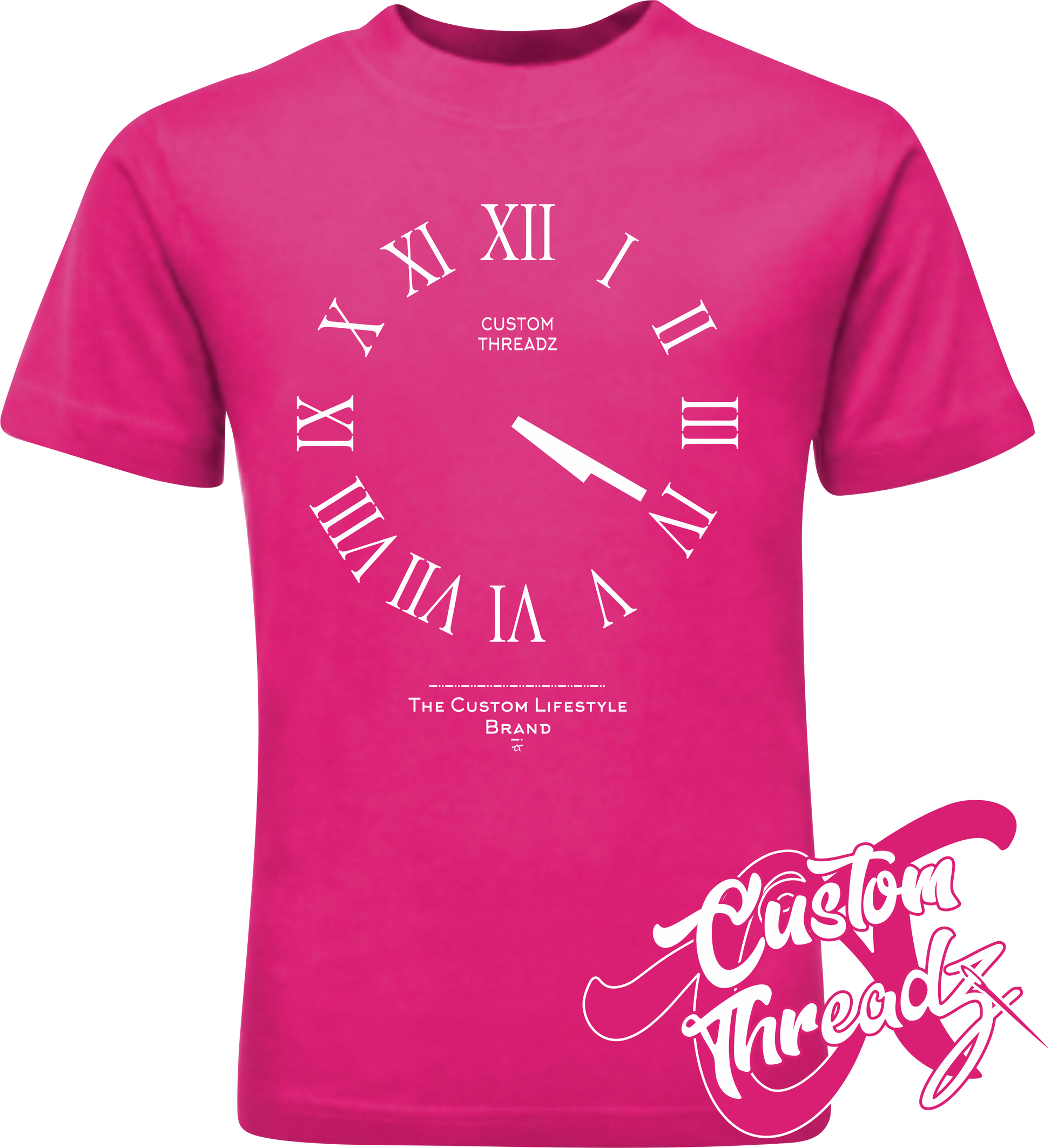 pink tee with roman analog clock set to 4 20 DTG printed design