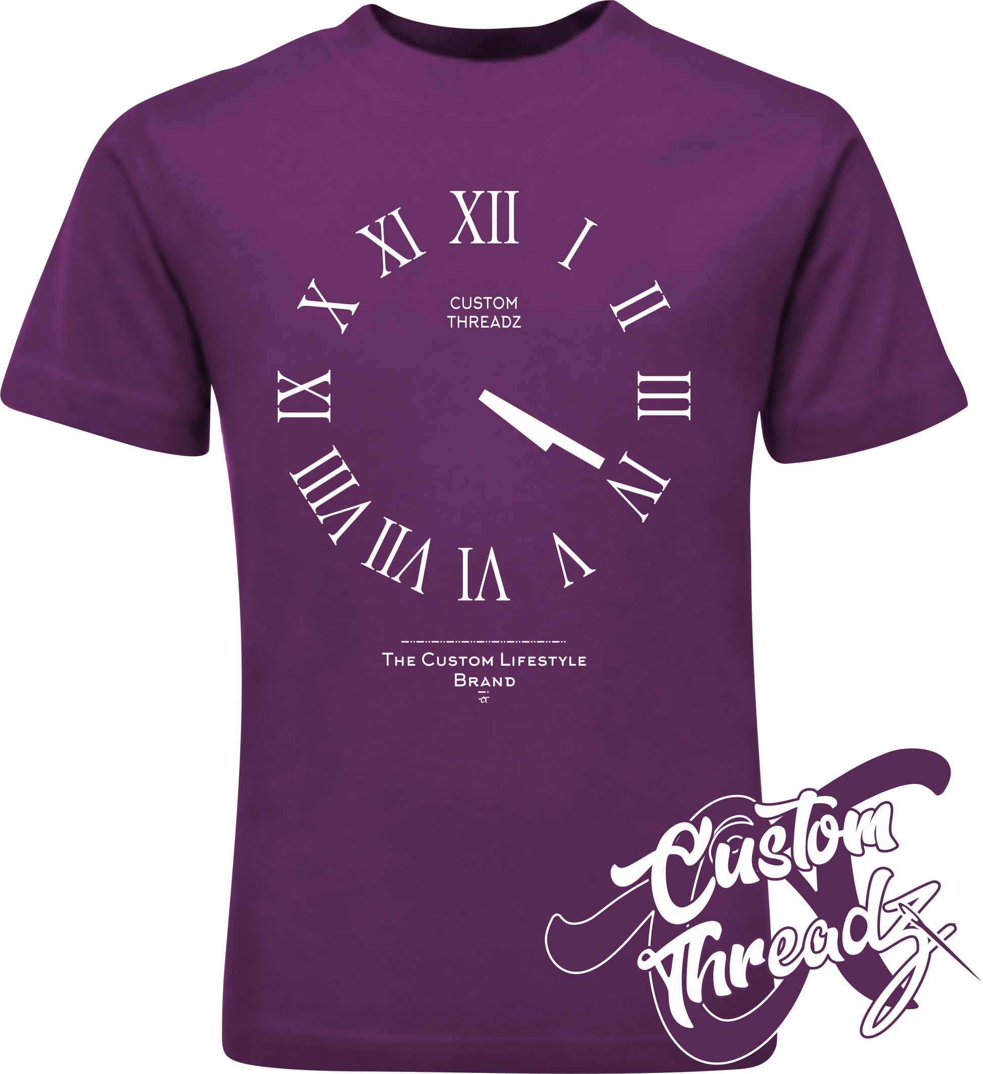 purple tee with roman analog clock set to 4 20 DTG printed design