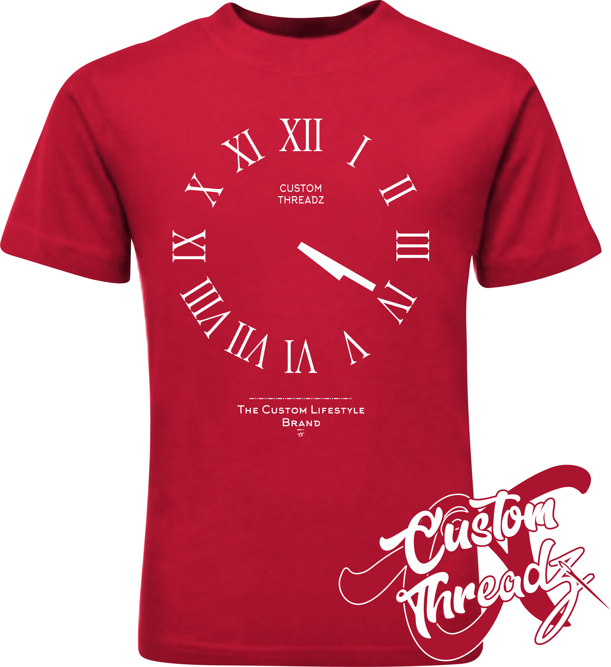 red tee with roman analog clock set to 4 20 DTG printed design