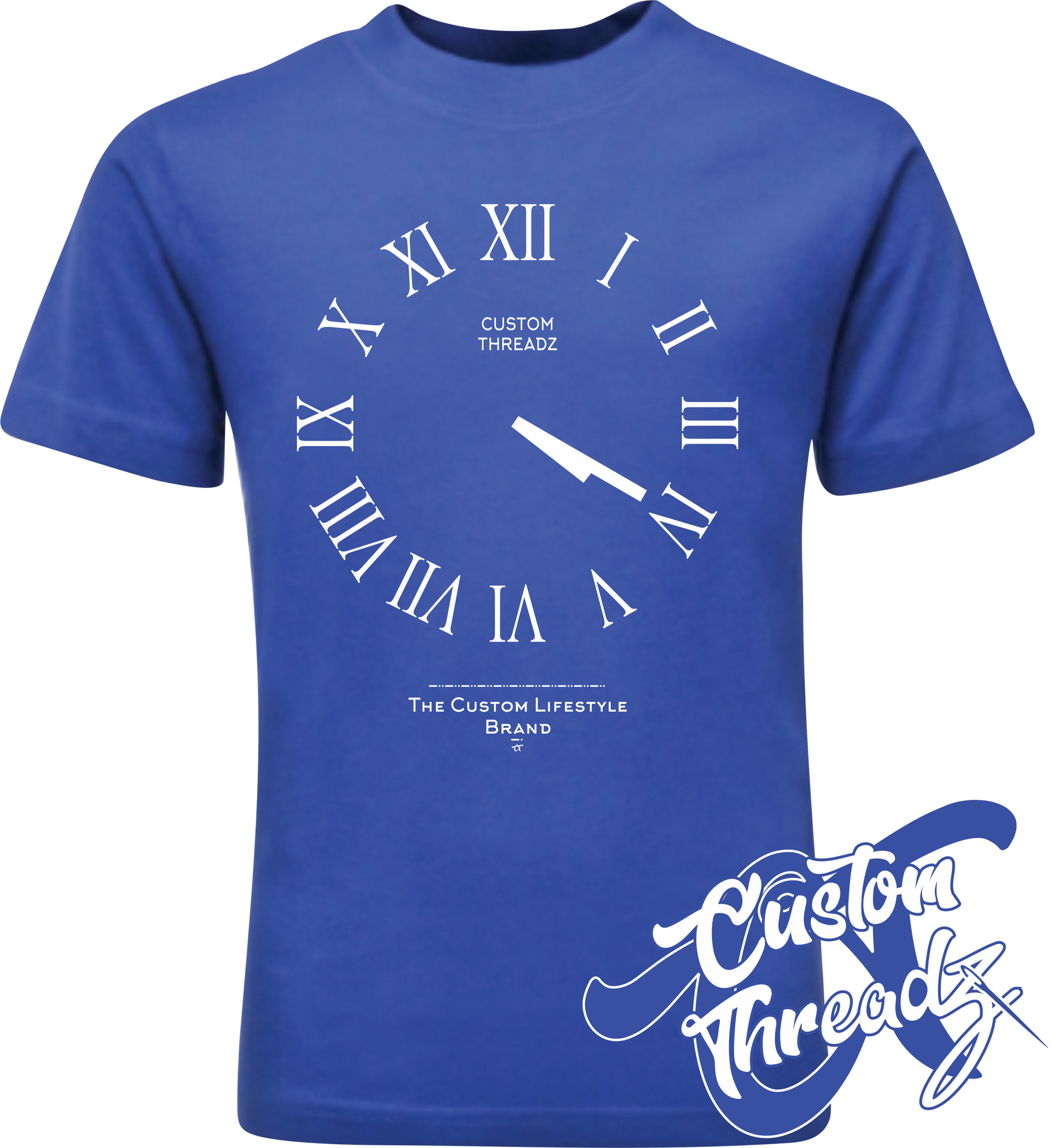 royal blue tee with roman analog clock set to 4 20 DTG printed design