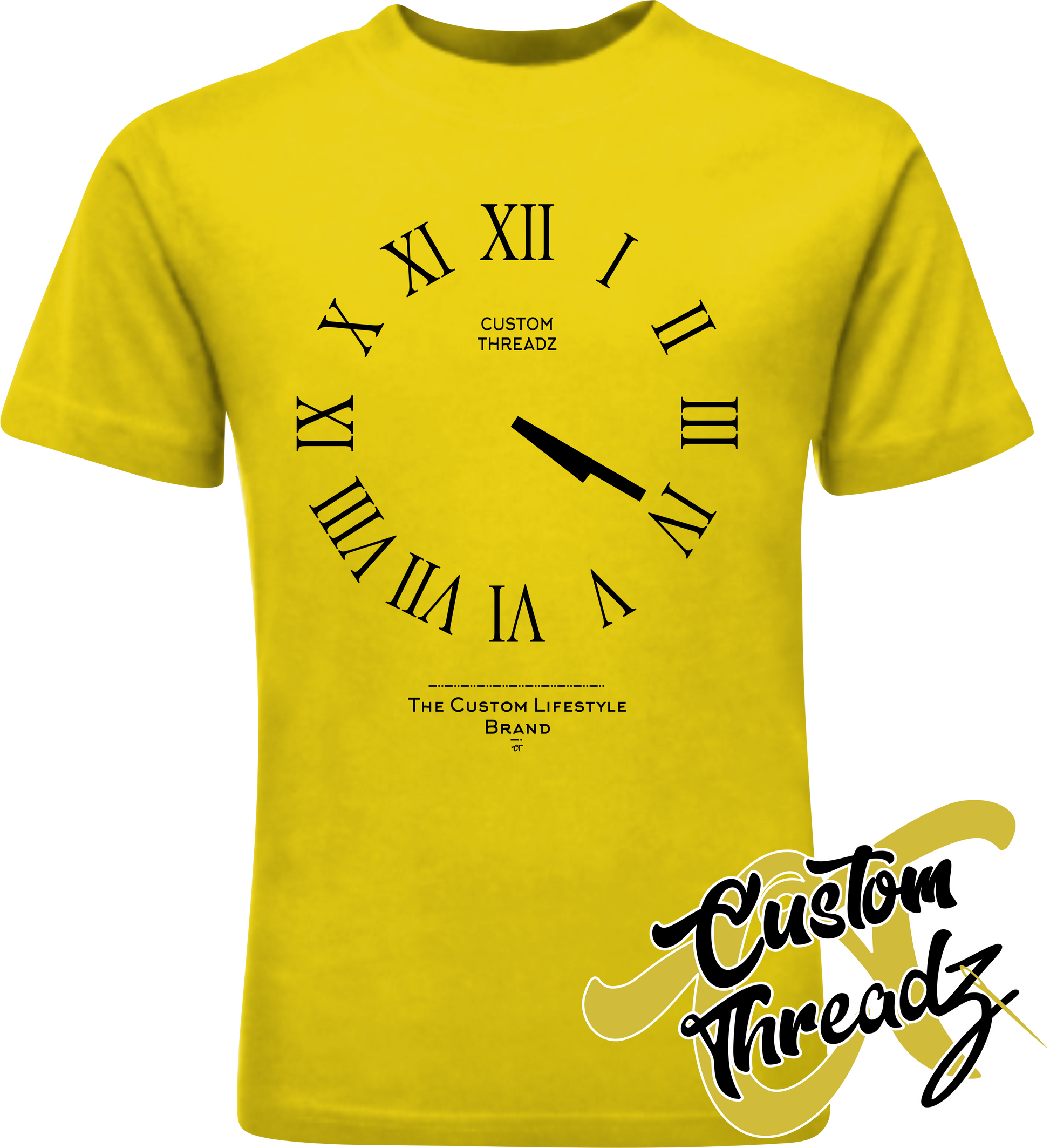 yellow tee with roman analog clock set to 4 20 DTG printed design