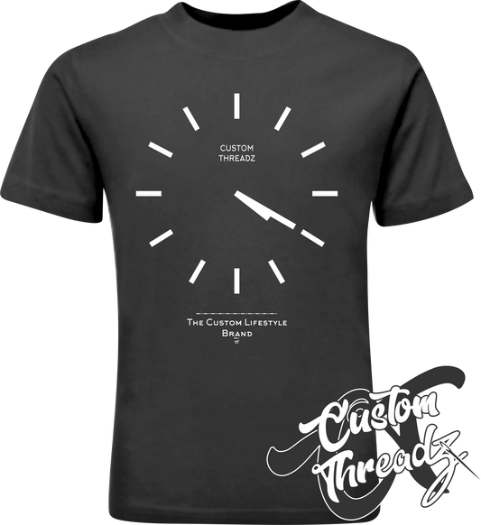 black tee with basic analog clock set to 4 20 DTG printed design
