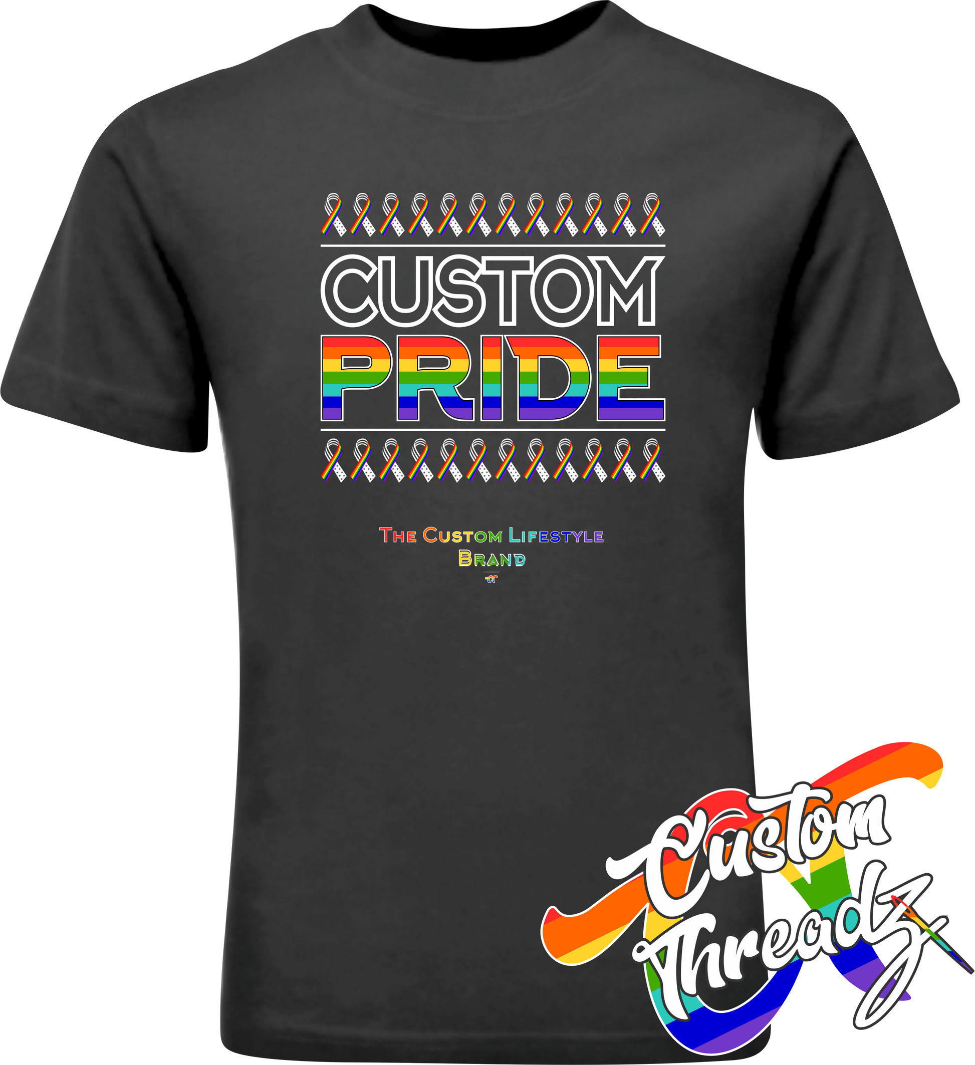 black tee with custom pride rainbow pride flag DTG printed design
