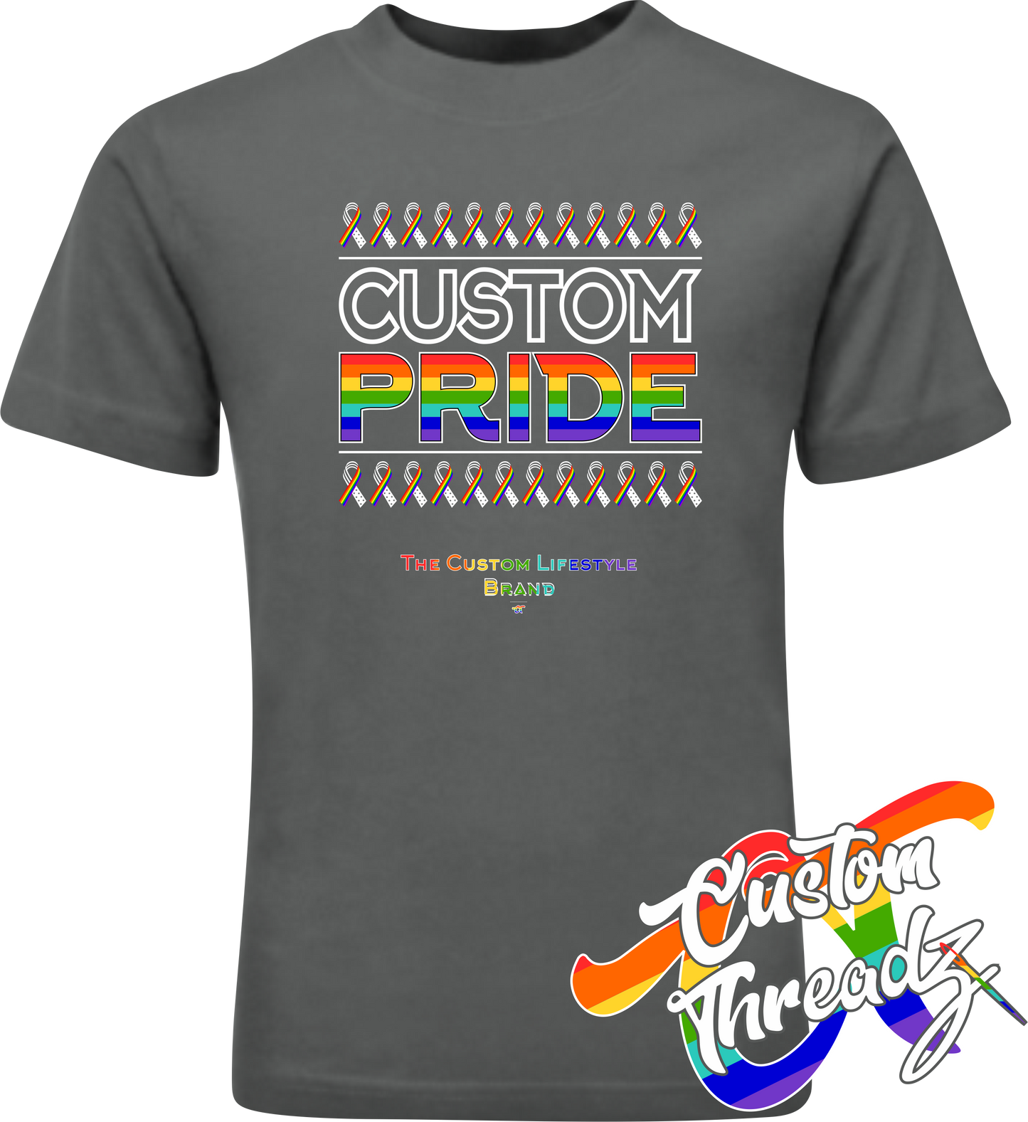 charcoal tee with custom pride rainbow pride flag DTG printed design