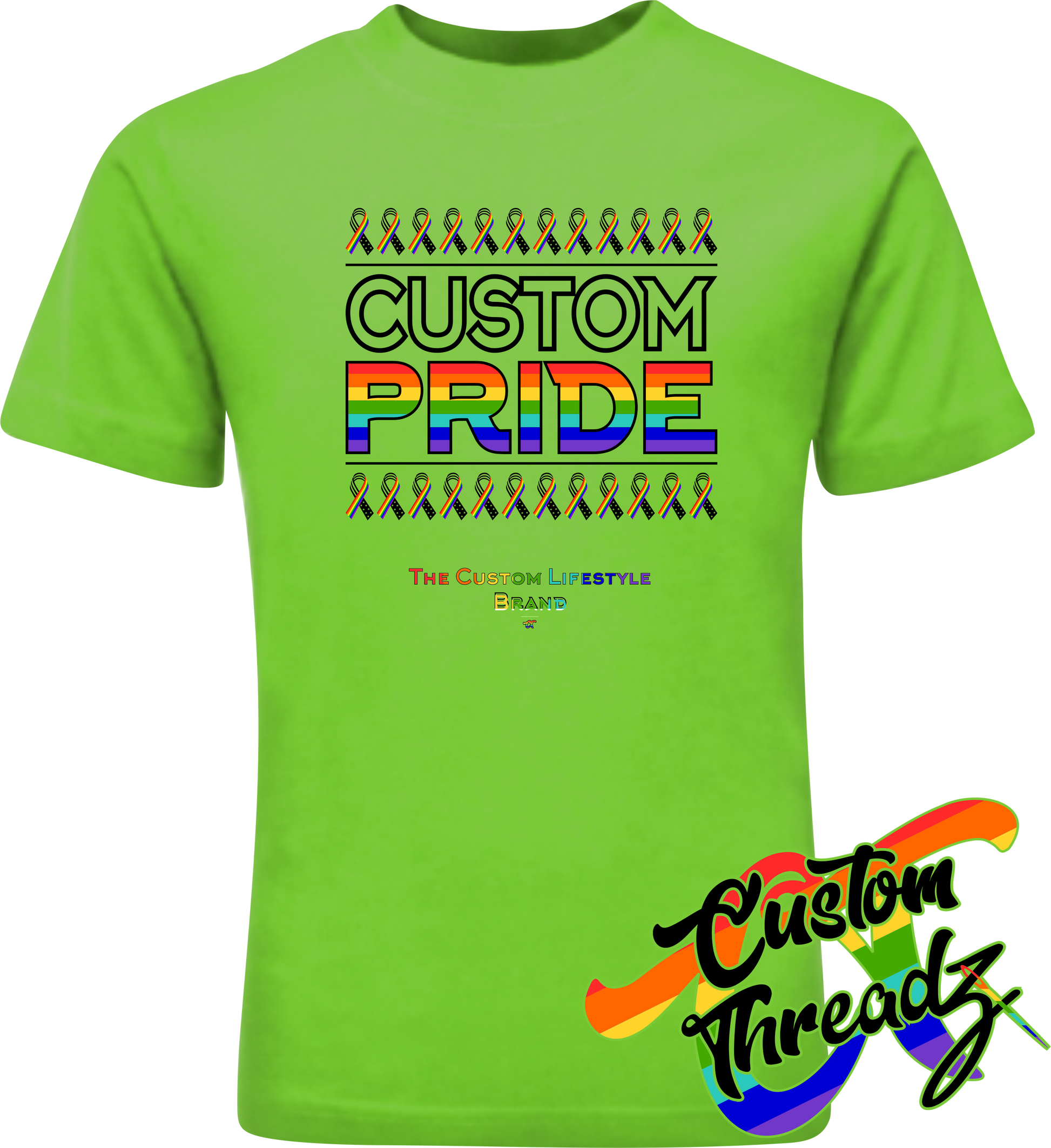 green tee with custom pride rainbow pride flag DTG printed design