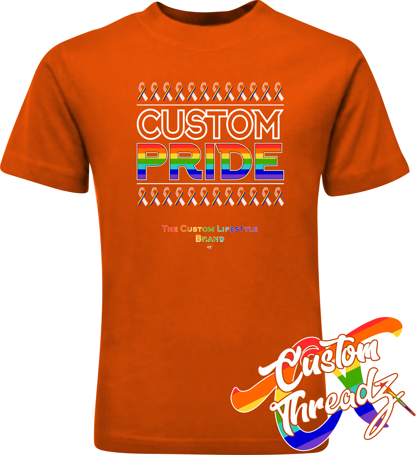 orange tee with custom pride rainbow pride flag DTG printed design