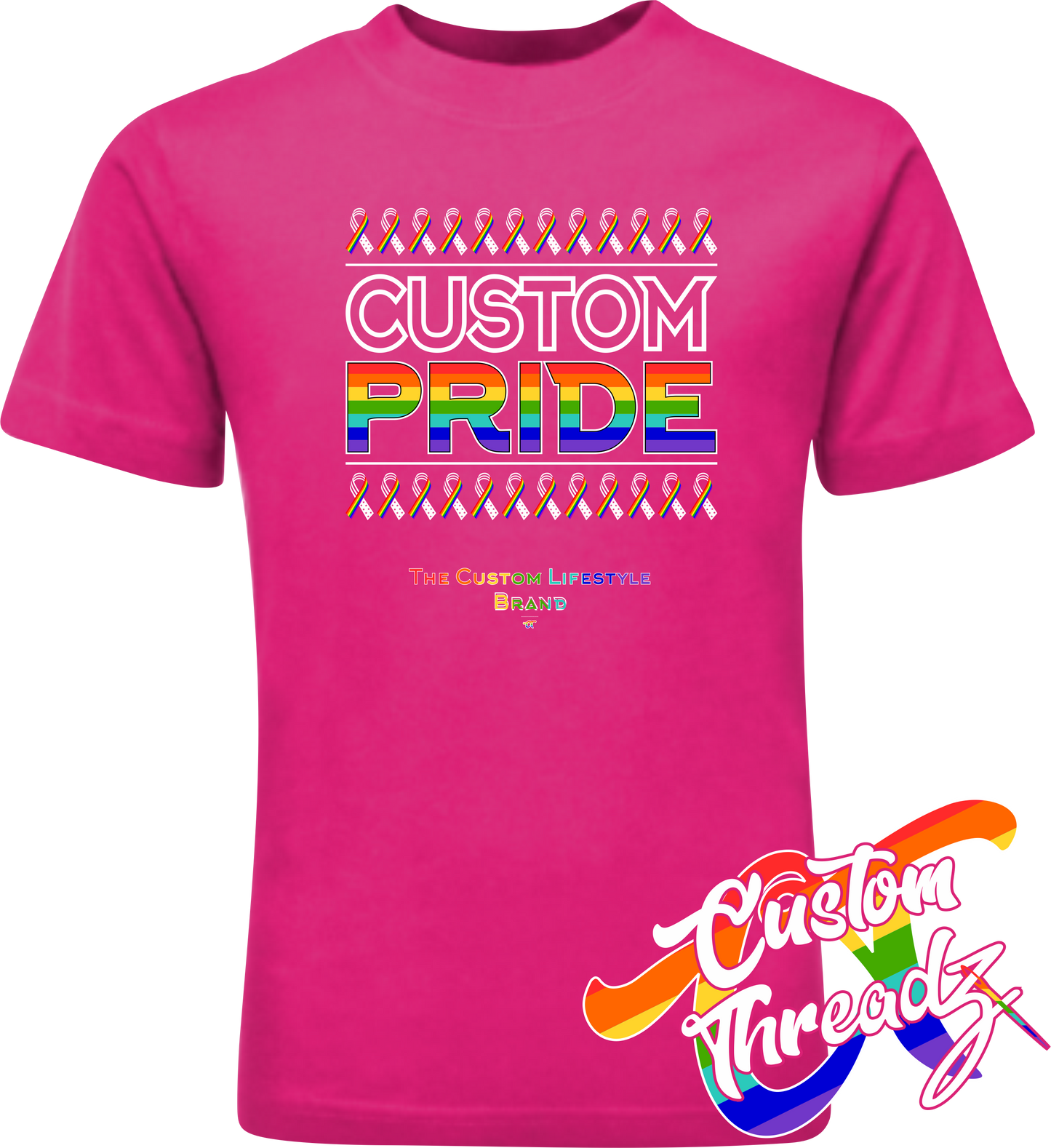 pink tee with custom pride rainbow pride flag DTG printed design