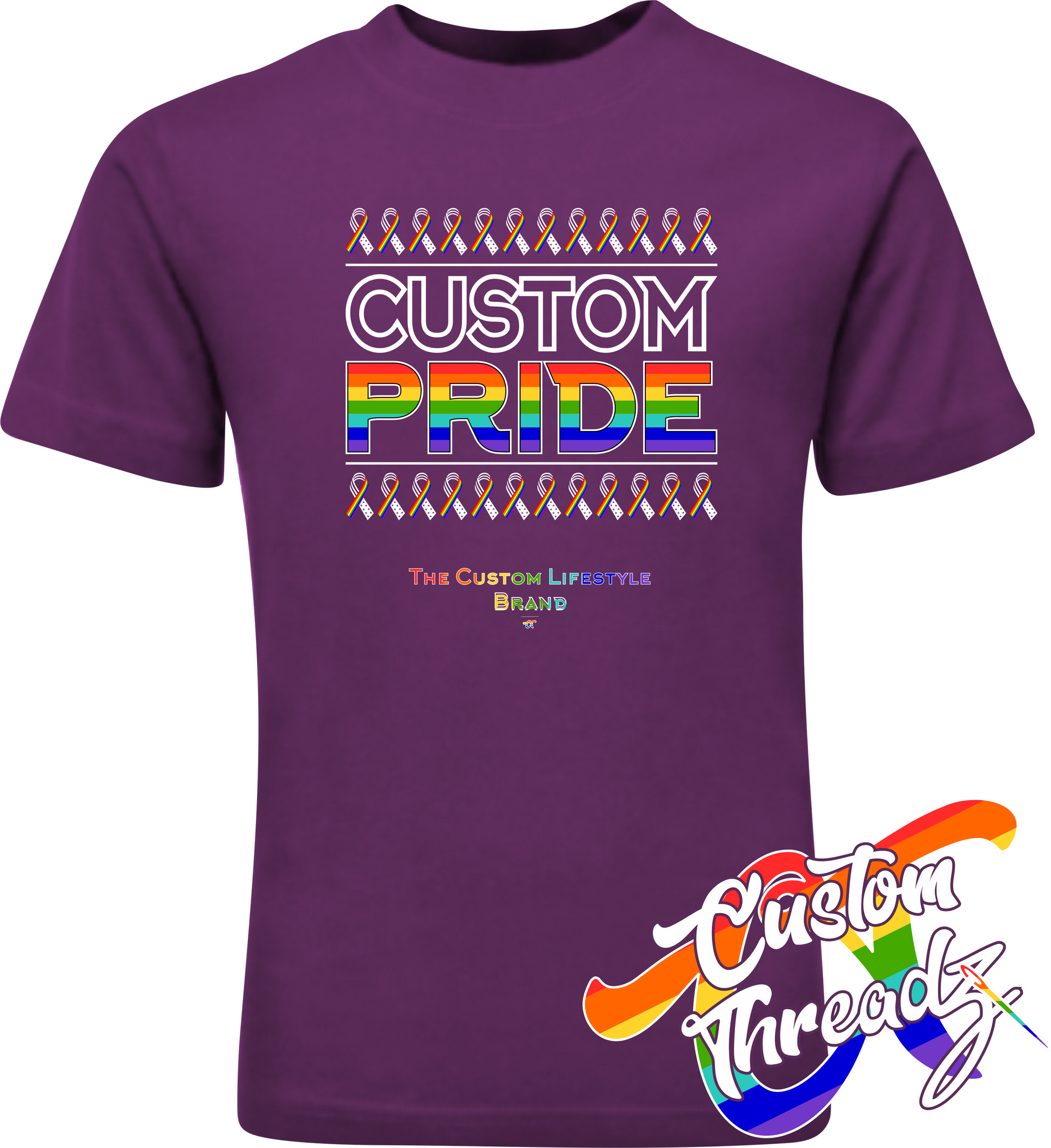 purple tee with custom pride rainbow pride flag DTG printed design