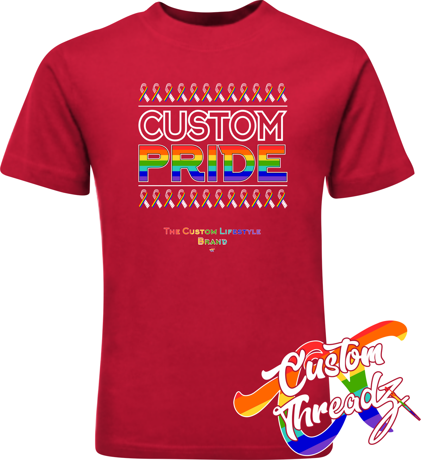 red tee with custom pride rainbow pride flag DTG printed design
