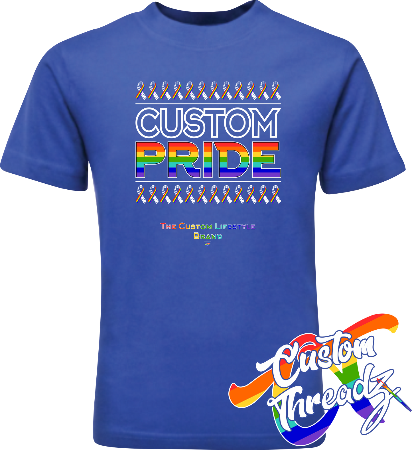 royal blue tee with custom pride rainbow pride flag DTG printed design