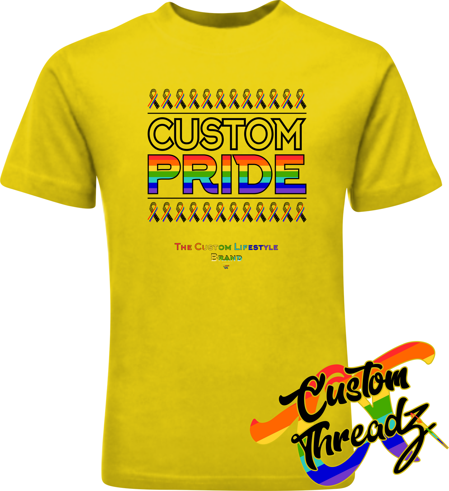 yellow tee with custom pride rainbow pride flag DTG printed design
