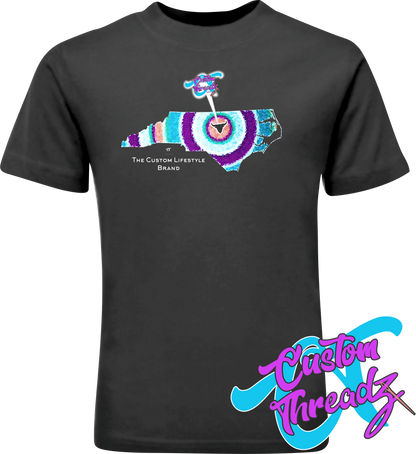 black youth tee with nc calling ct bat signal DTG printed design